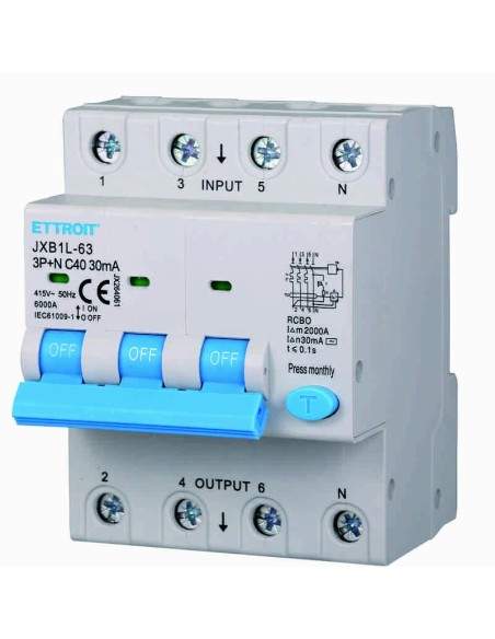 Disjoncteur à courant résiduel 3P+N, 4 modules, 415Vac, 40A, 30mA, 6KA - Ettroit JX264061