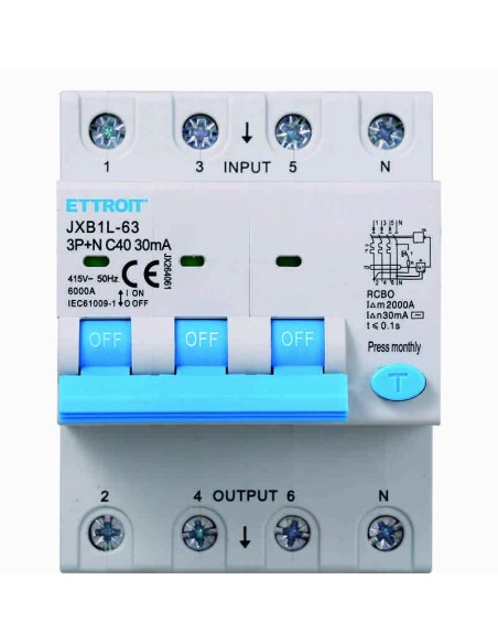 Residual current circuit breaker 3P+N, 4 modules, 415Vac, 40A, 30mA, 6KA - Ettroit JX264061