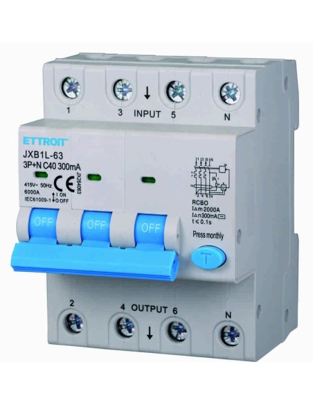 Disjoncteur à courant résiduel 3P+N, 4 modules, 415Vac, 40A, 300mA, 6KA - Ettroit JX264063