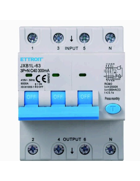 Interruttore magnetotermico differenziale 3P+N, 4 moduli, 415Vac, 40A, 300mA, 6KA - Ettroit JX264063