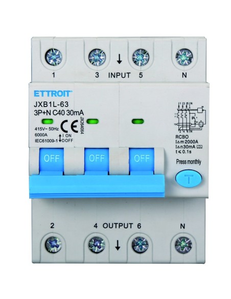 Residual current circuit breaker 3P+N, 4 modules, 415Vac, 40A, 30mA, 6KA, class A - Ettroit JX264064
