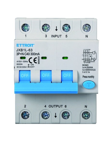 Disjoncteur à courant résiduel 3P+N, 4 modules, 415Vac, 40A, 300mA, 6KA, classe A - Ettroit JX264068