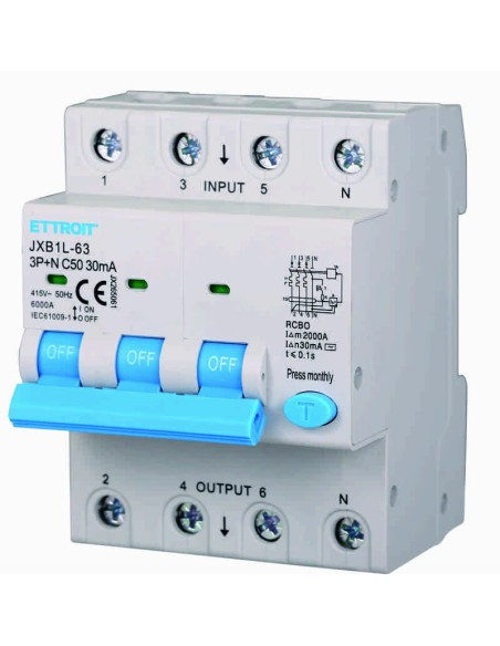 Residual current circuit breaker 3P+N, 4 modules, 415Vac, 50A, 30mA, 6KA - Ettroit JX265061
