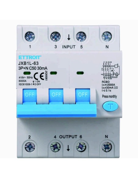 Disjoncteur à courant résiduel 3P+N, 4 modules, 415Vac, 50A, 30mA, 6KA - Ettroit JX265061