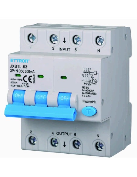 Disjoncteur à courant résiduel 3P+N, 4 modules, 415Vac, 50A, 300mA, 6KA - Ettroit JX265063