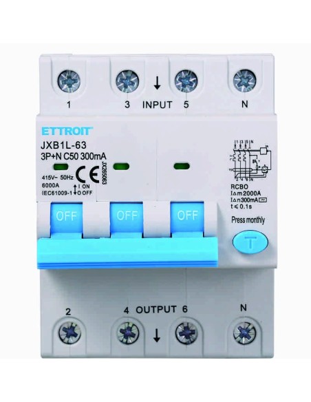 Disjoncteur à courant résiduel 3P+N, 4 modules, 415Vac, 50A, 300mA, 6KA - Ettroit JX265063