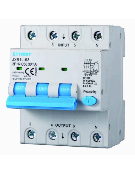 Disjoncteur à courant résiduel 3P+N, 4 modules, 415Vac, 50A, 300mA, 6KA, classe A - Ettroit JX265064