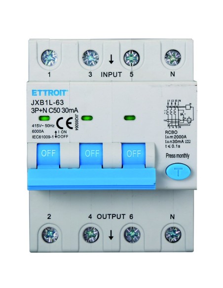 Disjoncteur à courant résiduel 3P+N, 4 modules, 415Vac, 50A, 300mA, 6KA, classe A - Ettroit JX265064