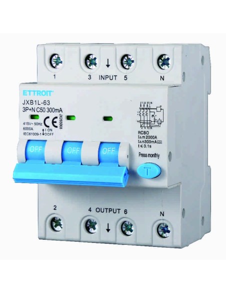 Residual current circuit breaker 3P+N, 4 modules, 415Vac, 50A, 300mA, 6KA, class A - Ettroit JX265068