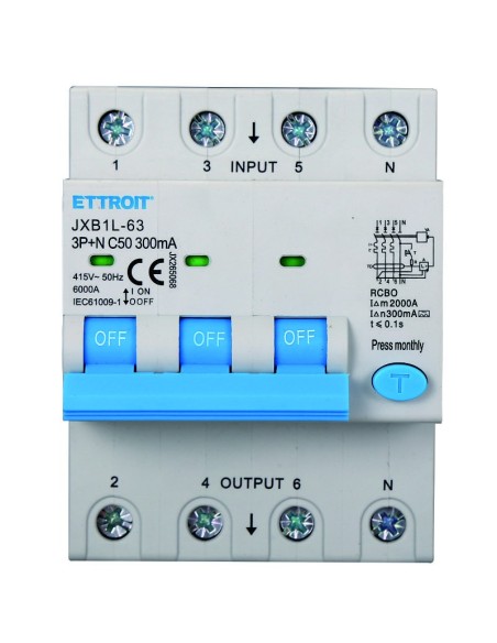 Interruttore magnetotermico differenziale 3P+N, 4 moduli, 415Vac, 50A, 300mA, 6KA, classe A - Ettroit JX265068