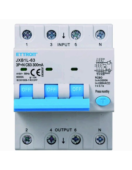 Residual current circuit breaker 3P+N, 4 modules, 415Vac, 63A, 300mA, 6KA - Ettroit JX266363