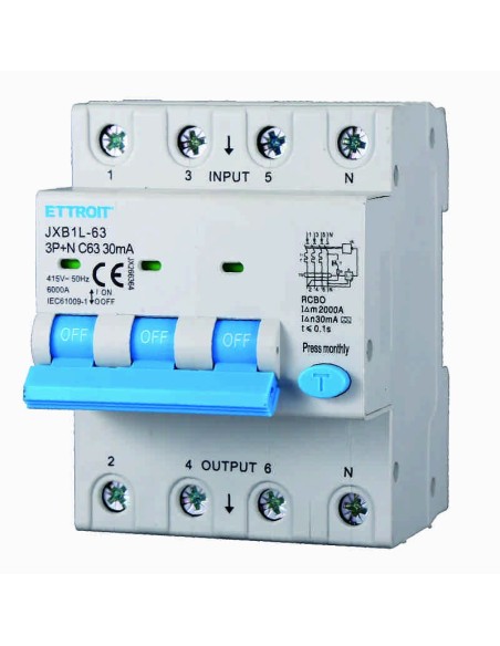 Disjoncteur à courant résiduel 3P+N, 4 modules, 415Vac, 63A, 30mA, 6KA, classe A - Ettroit JX266364