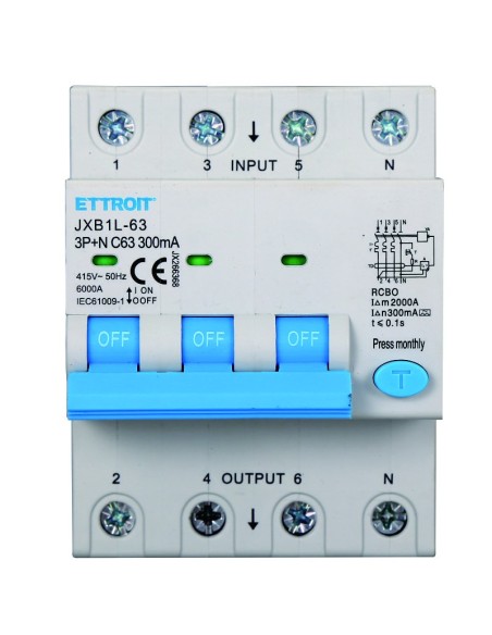 Earth leakage circuit breaker 3P+N, 4 modules, 415Vac, 63A, 300mA, 6KA, class A - Ettroit JX266368