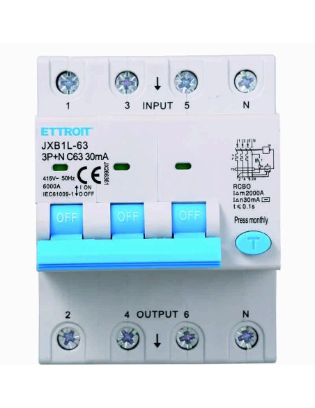 Aardlekschakelaar 3P+N, 4 modulen, 415Vac, 63A, 30mA, 6KA - Ettroit JX266361