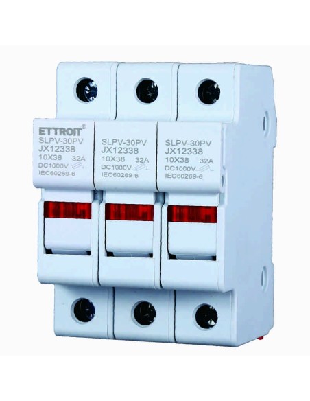 Portafusibles RT18-32, para fusibles ⌀10x38mm, 1000V 32A, 3 módulos, montaje en carril DIN - Ettroit JX12338