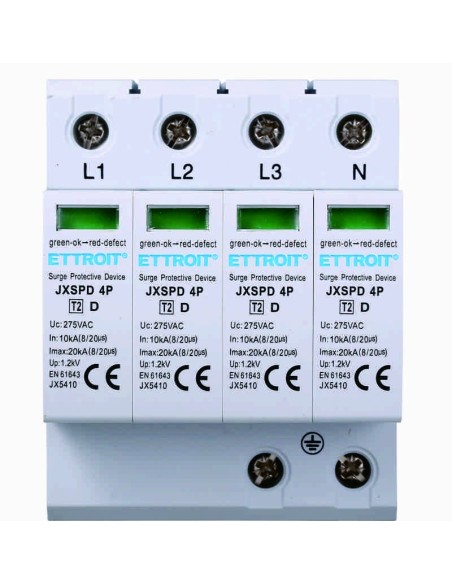Parafoudre 4P, limitation SPD, 4 modules, 275Vac, Type T2, 10KA, 20KA - Ettroit JX5410