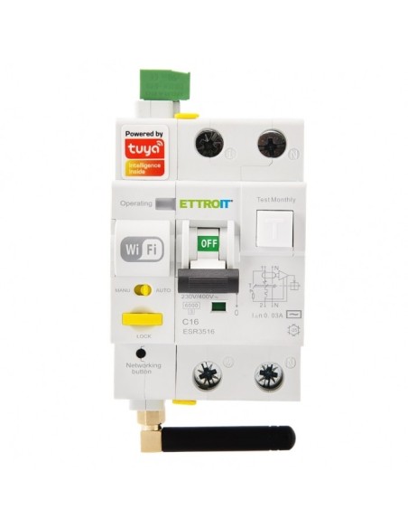 Disyuntor diferencial WiFi inteligente Tuya RCBO, 1P+N, 3 módulos, 230Vac, 16A, 30ma, 6KA - Ettroit ESR3516