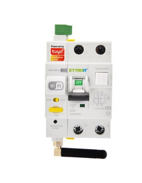 Disyuntor diferencial WiFi inteligente Tuya RCBO, 1P+N, 3 módulos, 230Vac, 32A, 30ma, 6KA - Ettroit ESR3532