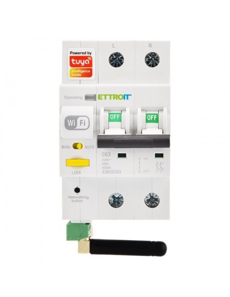 Interruttore magnetotermico differenziale Smart WiFi Tuya, 2P, 230Vac, 63A, 30ma, 6KA, monitoraggio consumi - Ettroit ESR3S263