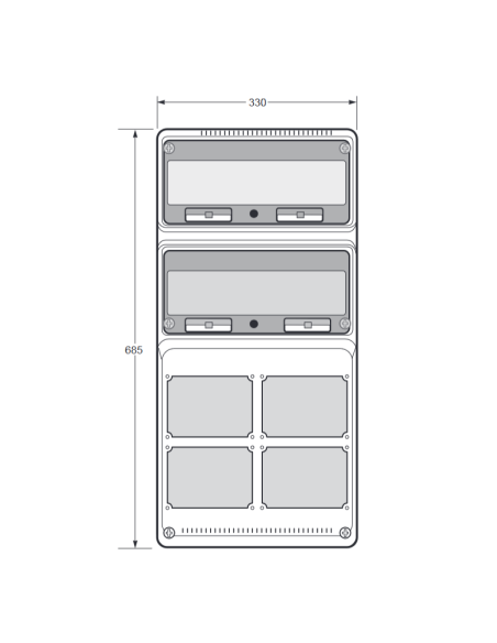Empty panel, 685x330x150mm, 32 modules, 4 interlocked sockets, compatible with 14 series sockets - Rosi 18.3013