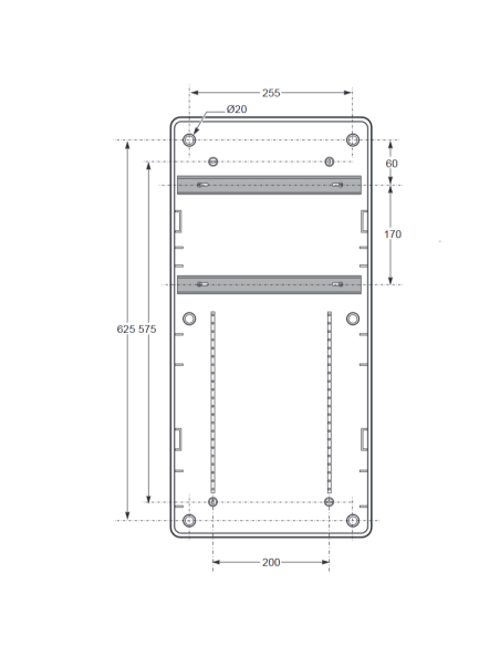 Empty panel, 685x330x150mm, 32 modules, 4 interlocked sockets, compatible with 14 series sockets - Rosi 18.3013