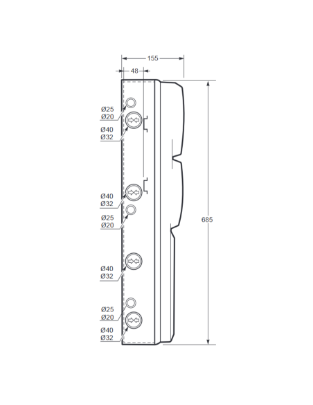 Leere Platte, 685x330x150mm, 32 Module, 4 verriegelte Steckdosen, kompatibel mit Steckdosen der Serie 14 - Rosi 18.3013
