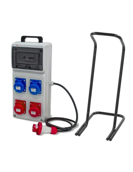Cuadro portátil, 3KW/9KW, 2 tomas 2P+E 16A y 2 3P+E 16A, clavija 3P+N+E 16A, pulsador de emergencia, soporte - Rosi 2243C