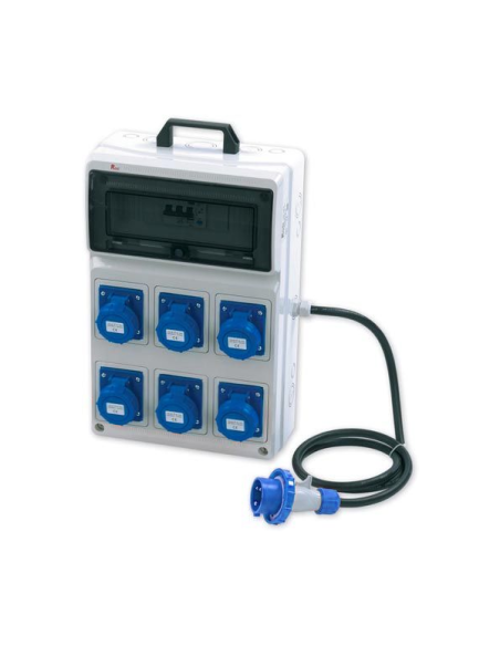 Portable ASC switchboard, 3KW 230V, 6 sockets 2P+E 16A, plug 2P+E 16A, with earth leakage circuit breaker and stand - Rosi 2279C