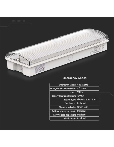 LED emergency lamp, 3W 130lm, wall mount, 3-hour operating time, self-test button - V-TAC VT-997 7687