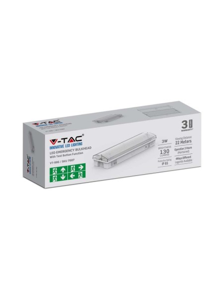Lampe de secours à LED, 3W 130lm, montage mural, autonomie de 3 heures, bouton d'autotest - V-TAC VT-997 7687