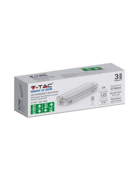 LED emergency lamp, 3W 120lm, wall mount, 3-hour operating time, compatible with RF remote control - V-TAC VT-997 7688