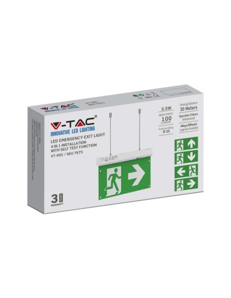 Lámpara LED de emergencia, 2,5W 100lm, montaje 4 en 1, botón de autocomprobación, compatible con mando RF - V-TAC VT-995 7675