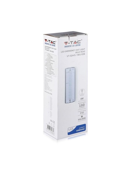 Lámpara LED de emergencia, 4W 190lm, montaje en pared, tiempo de funcionamiento 3 horas, modo SA/SE - V-TAC VT-524-S 838