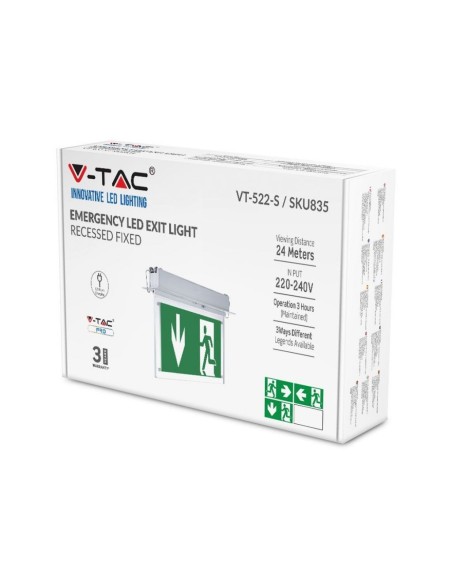 Lampe de secours à LED, 2W 140lm, encastrée, 3 heures d'autonomie, mode SA/SE - V-TAC VT-522-S 835
