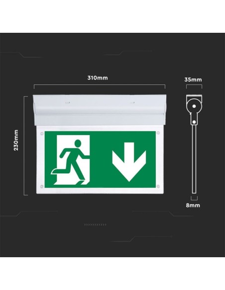 Lampe de secours à LED, 2W 140lm, montage mural, base inclinable, fonctionnement 3 heures, mode SA/SE - V-TAC VT-519-S 836