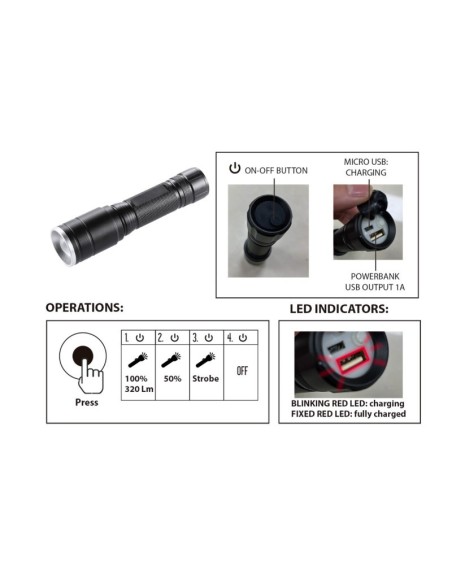 Hunter LED-Taschenlampe, 5W, 320 Lumen, taktischer Schalter, einstellbarer Fokus, Powerbank, USB-Aufladung - Velamp IR533