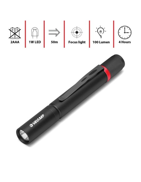 Torche stylo Highlander, 1W, 100 lumens, interrupteur tactique en caoutchouc, avec clip de poche - Velamp PENLED06