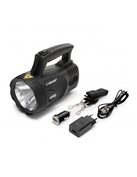 3W portable led spotlight, 170 lm, range 250 metres, rechargeable with 220V, 12V adapter and USB cable - Velamp IR554LED.012S