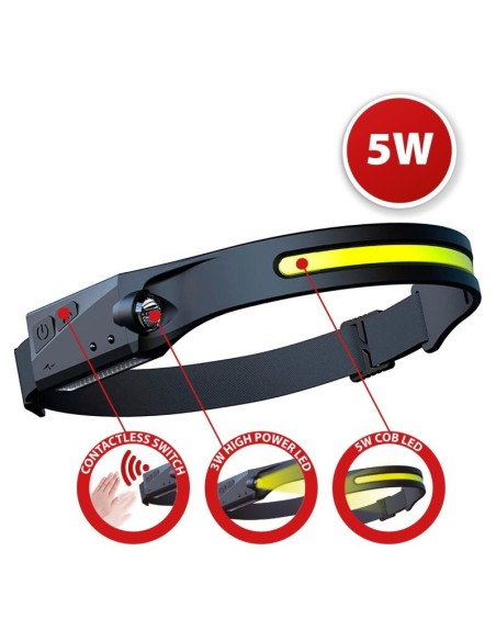 Linterna frontal LED, 5W, 350 lúmenes, con doble iluminación y sensor de movimiento, carga USB - Velamp IH524