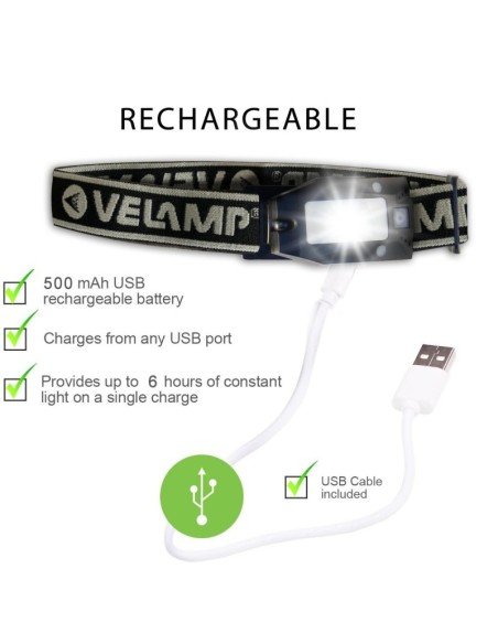 Torche frontale à LED, 2W, 150 lumens, interrupteur sans contact, luminosité réglable, signal lumineux rouge - Velamp IH513