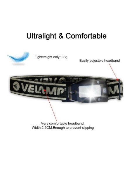 LED head torch, 2W, 150 lumens, contactless switch, adjustable brightness, with red signal light - Velamp IH513
