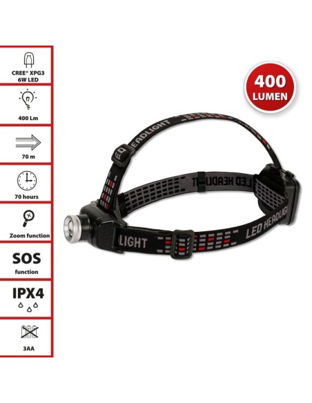 Torcia led frontale, 6W, 400 lumen, con zoom e luce posteriore, luminosità regolabile - Velamp IH535