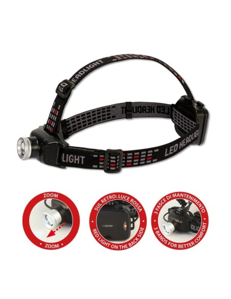 Torcia led frontale, 6W, 400 lumen, con zoom e luce posteriore, luminosità regolabile - Velamp IH535