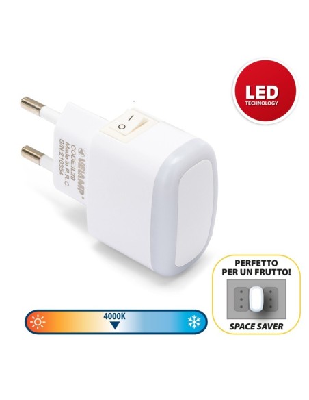 Luz nocturna Froot, 0,3 W, enchufe 10 A, con interruptor, blanca - Velamp IL29