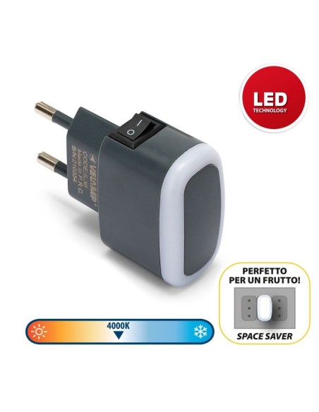 Luz nocturna Froot, 0,3 W, enchufe 10 A, con interruptor, antracita - Velamp IL30