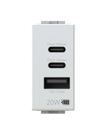 Módulo de toma USB 2.0 tipo A y 2 USB 3.1 tipo C, alimentación 5Vdc 3A, blanco, compatible BTicino Matix - 4Box 4BUSB20WCCA.AM