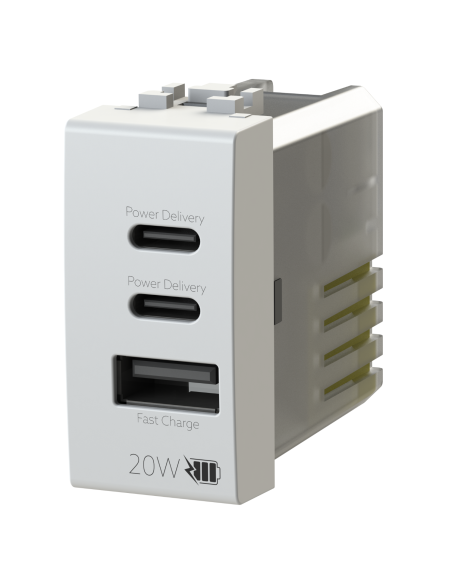Módulo de toma USB 2.0 tipo A y 2 USB 3.1 tipo C, 5Vdc 3A, blanco, compatible BTicino LivingLight - 4Box 4BUSB20WCCA.N