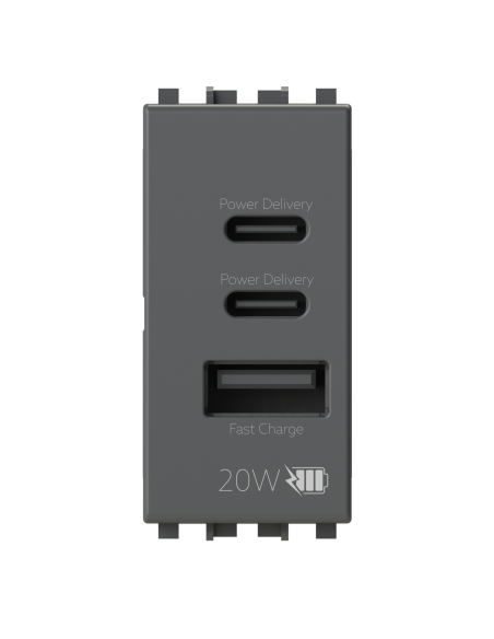 Módulo de toma USB 2.0 tipo A y 2 USB 3.1 tipo C, 5Vdc 3A, serie U, gris, compatible Vimar Arkè - 4Box 4BUSB20WCCA.V19