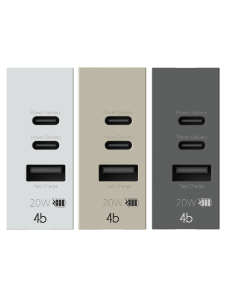 Módulo de toma USB 2.0 A y 2 USB 3.1 C, 5Vdc 3A, blanco, arena, antracita, compatible Vimar Linea - 4Box 4BUSB20WCCA.V30