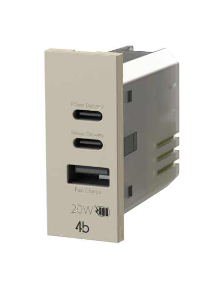 Módulo de toma USB 2.0 A y 2 USB 3.1 C, 5Vdc 3A, blanco, arena, antracita, compatible Vimar Linea - 4Box 4BUSB20WCCA.V30